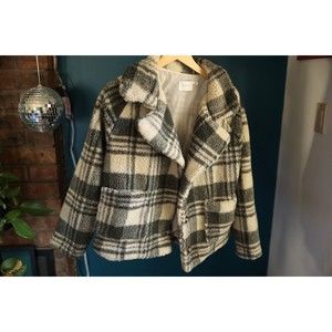 Lush Pocketed Multi Gray Cream Plaid Sherpa Jacket Size Large